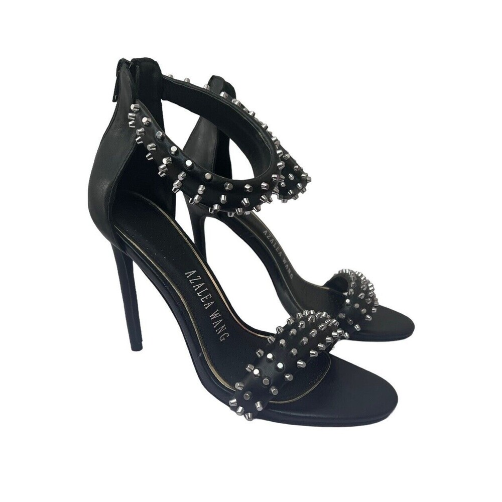 AZALEA WANG Black Leather Studded Goth Punk Ankle Strap 4.5" Heels Size 7.5